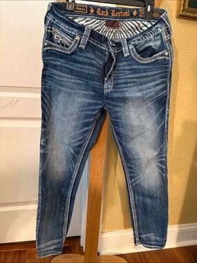 Rock Revival Blue Washed Slim Jeans Buckle  size 32 (14/16 us) distressed skinny